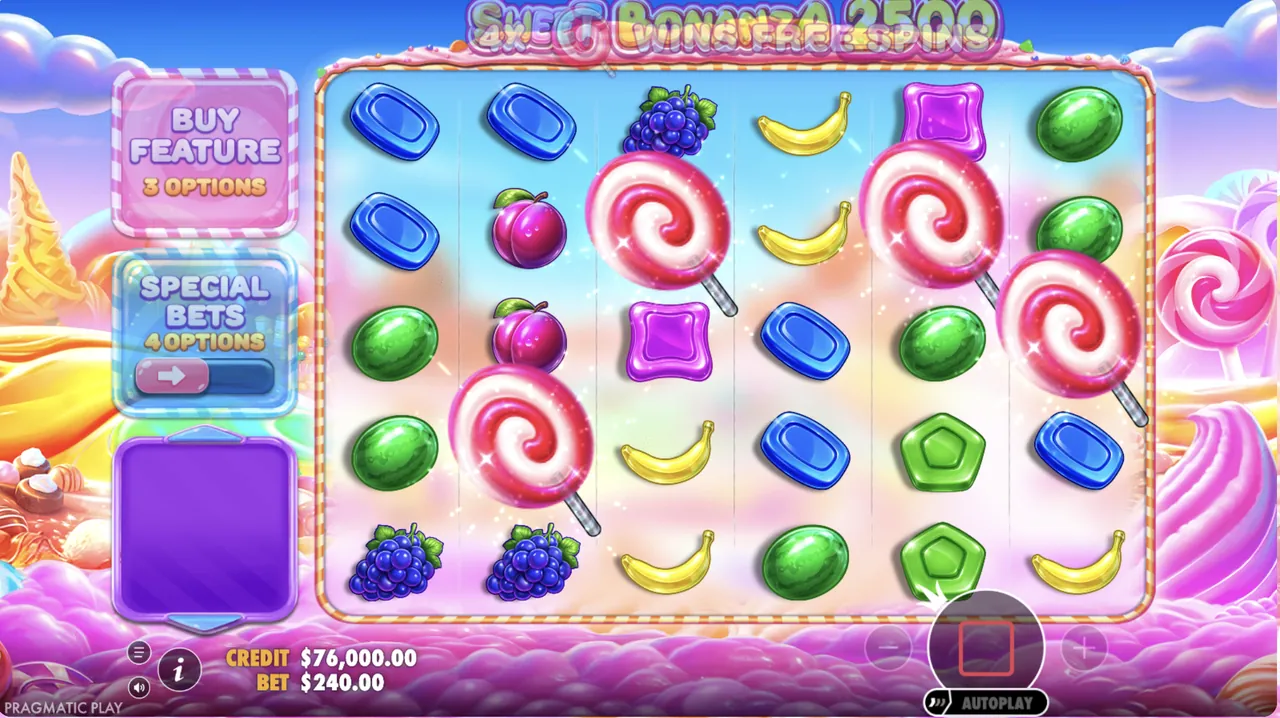 Grilla 6x5 de Sweet Bonanza 2500 con los paneles de compra de bonus y apuestas especiales