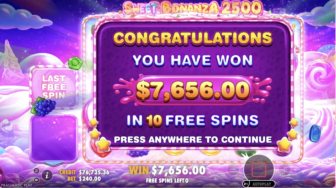 Resultado final de la ronda de giros gratis: 7.656 en 10 giros