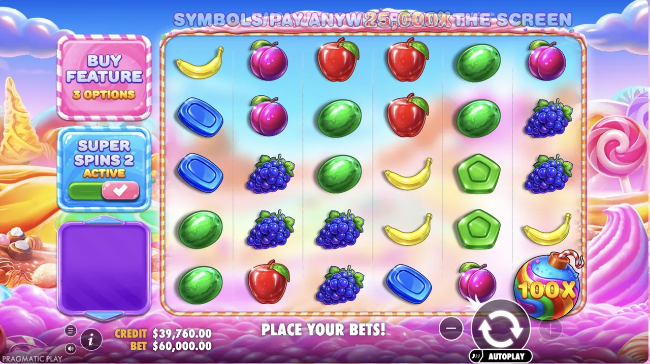 Super Spins 2 activo en Sweet Bonanza 2500, con apuesta de 60.000